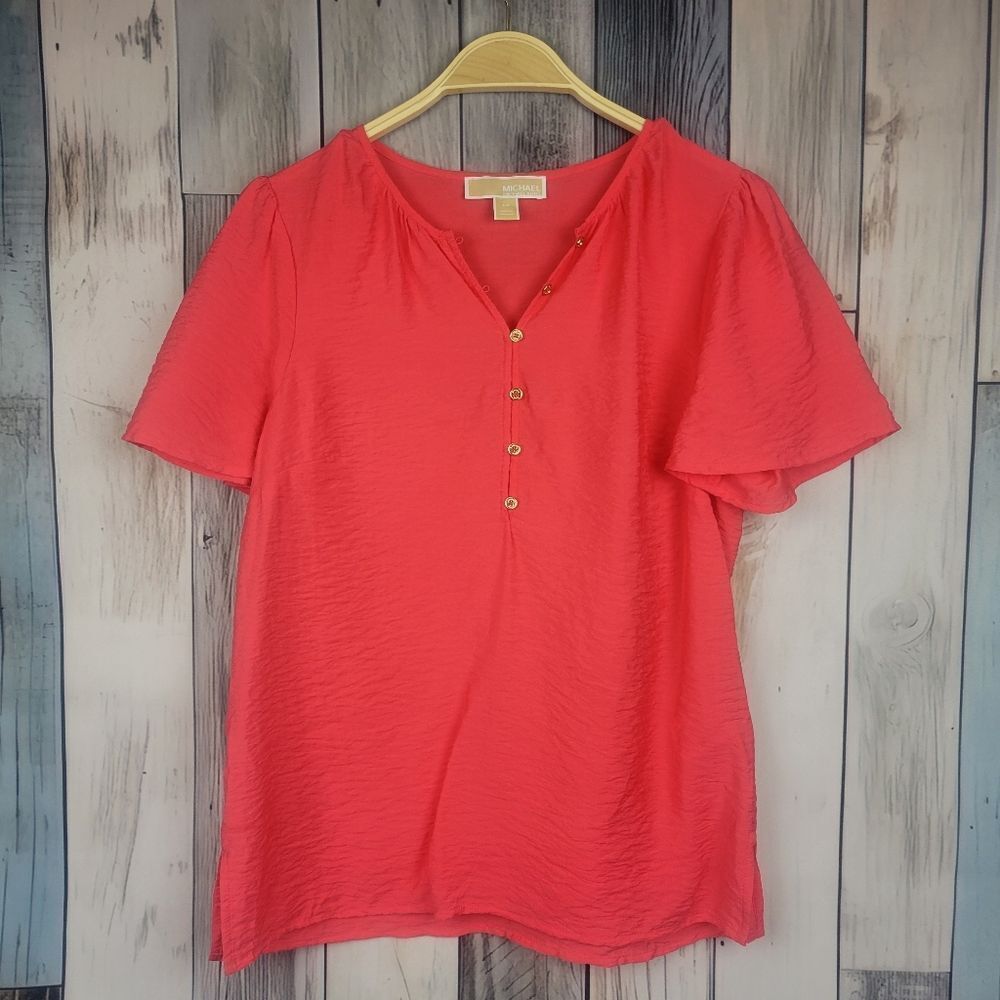 Michael Kors Red Coral Short Flare Sleeve Top Size Small